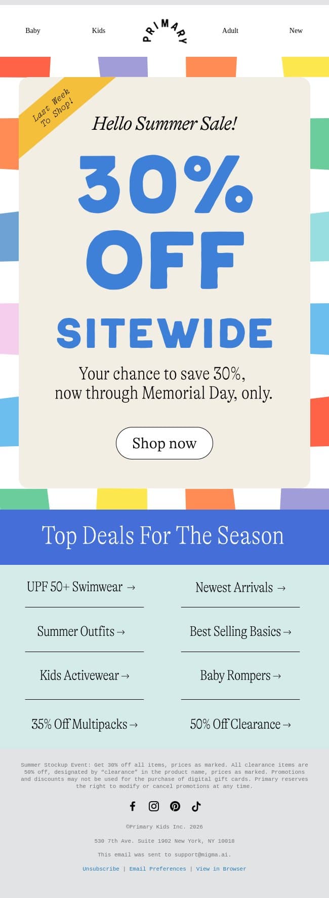 Only til Mon 5/25📣 30% off EVERYTHING email from Primary screenshot