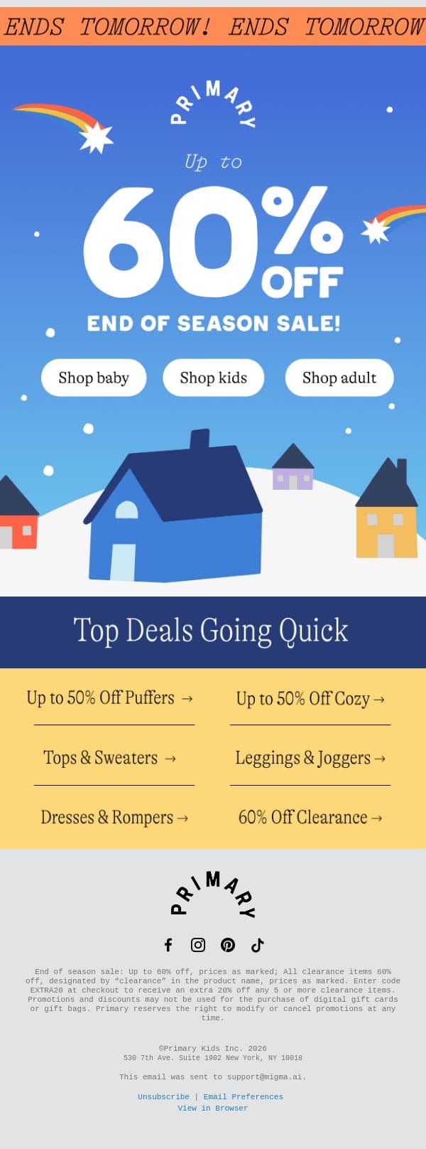 ⏰ Up to 60% OFF sale ends tomorrow ⏰ email from Primary screenshot
