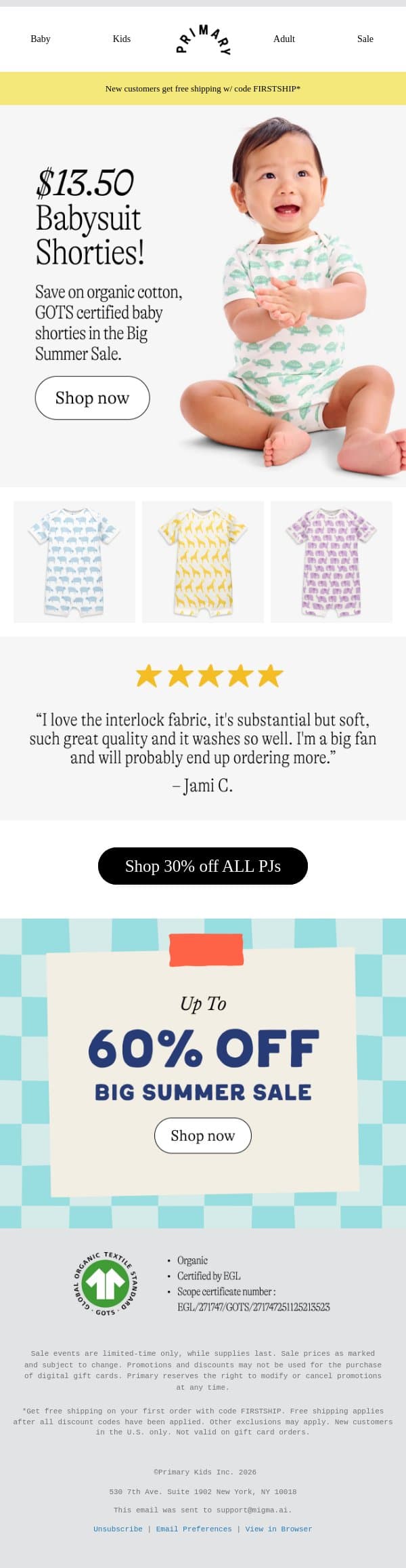 Just $13.50: Organic babysuit shorties in animal friends prints! 🦒🐢🐘 email from Primary screenshot