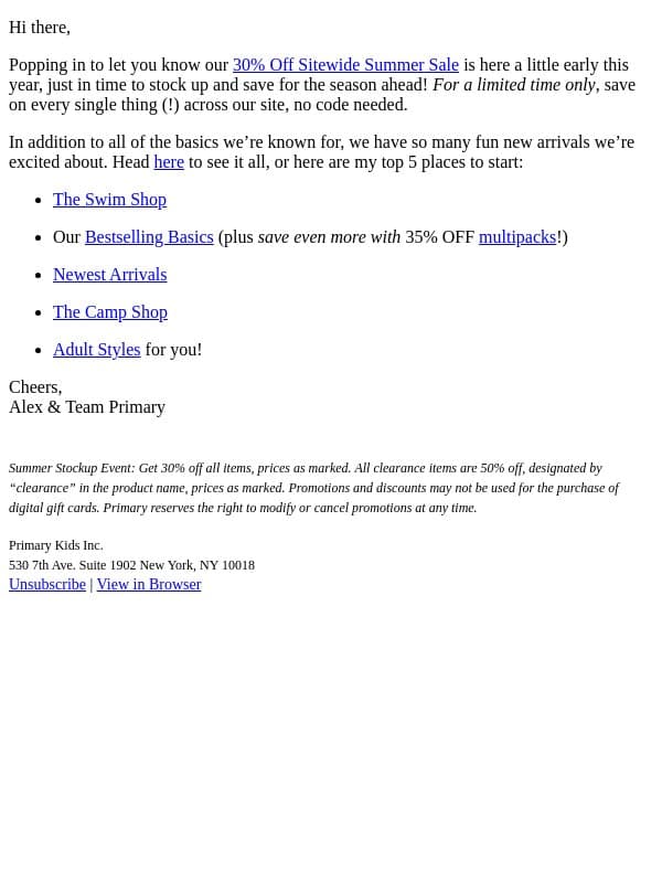 It's Here Early: 30% Off Everything (limited time only!) email from Primary screenshot