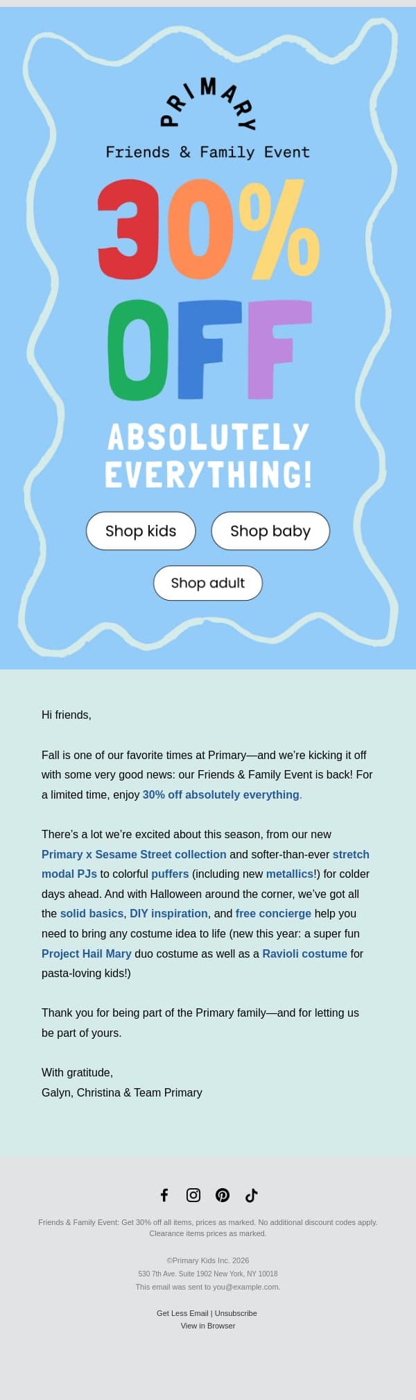A message from our founders 💌 + 30% Off email from Primary screenshot