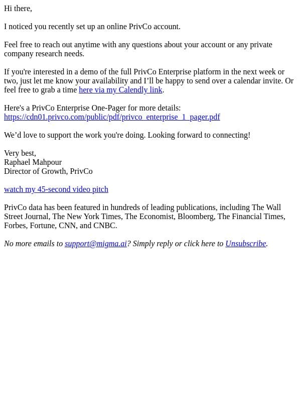 Your PrivCo Account (here to help if needed) email from PrivCo screenshot