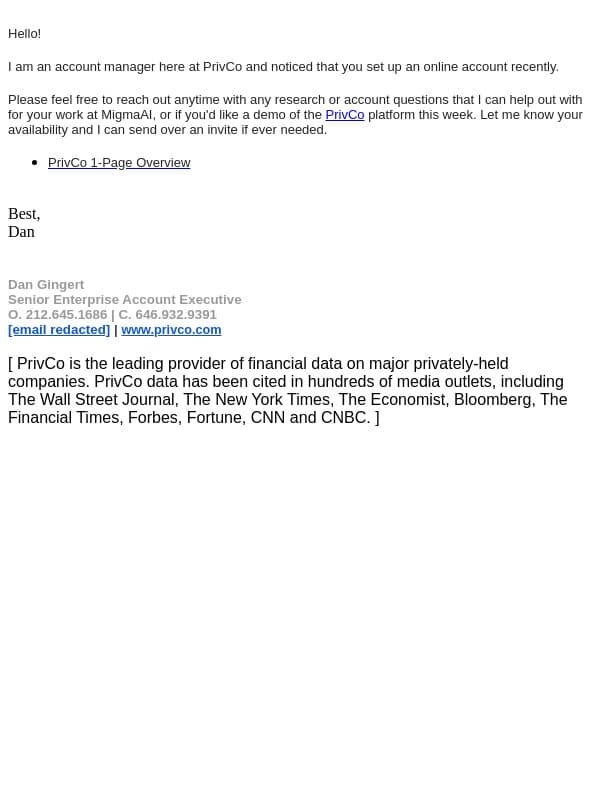 Your PrivCo Account (here to assist if needed) email from PrivCo screenshot
