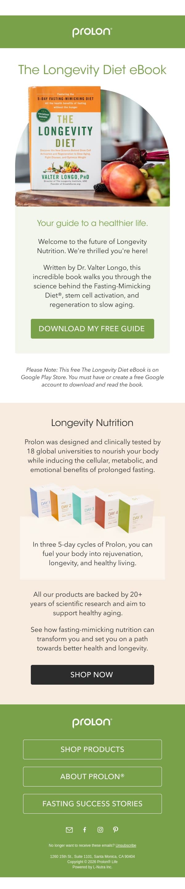 The Longevity Diet eBook email from ProLon screenshot