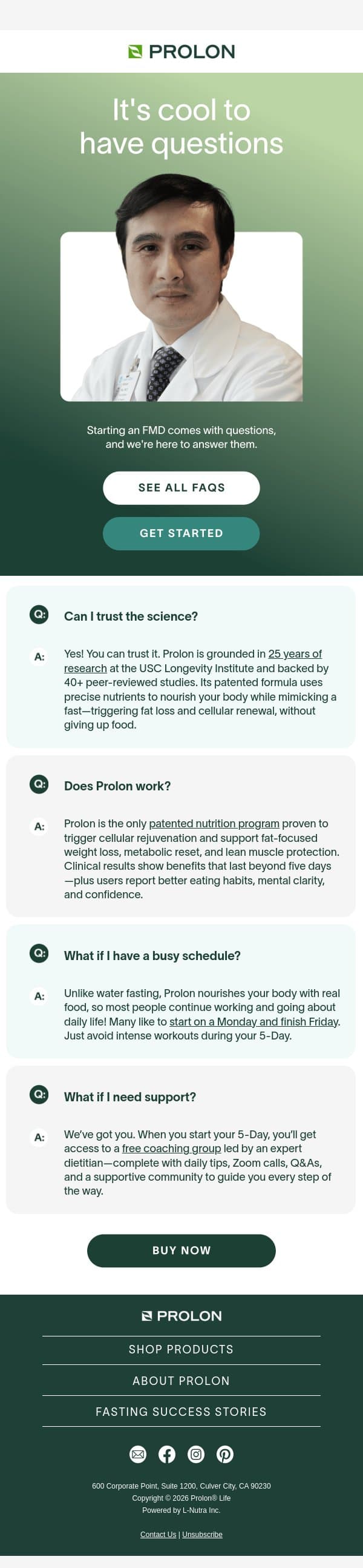 Frequent questions, expert answers email from ProLon screenshot