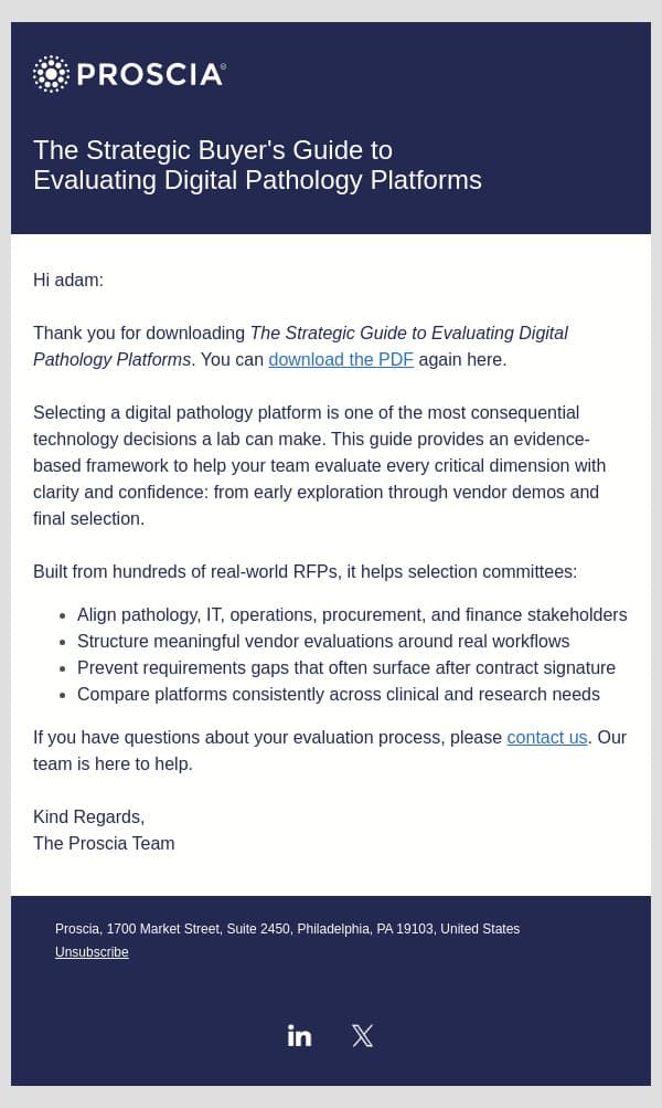 Your Copy of the Digital Pathology Buyer’s Guide email from Proscia screenshot