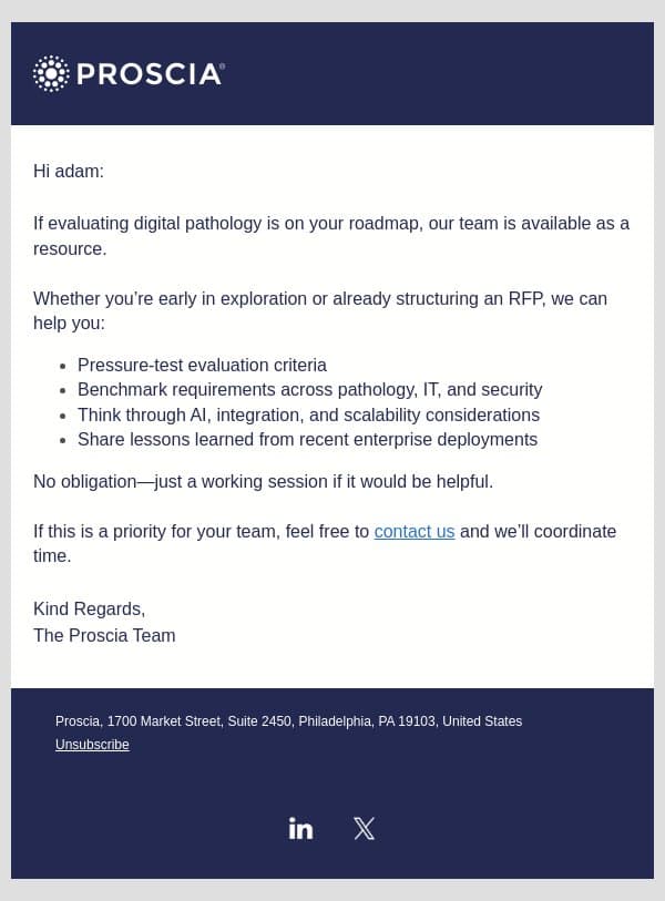 A Resource as You Evaluate Digital Pathology email from Proscia screenshot