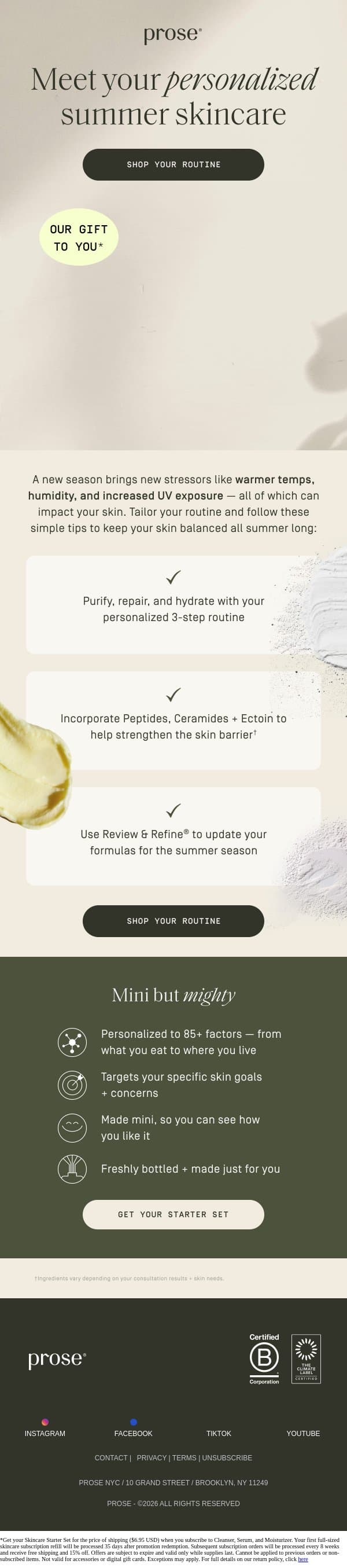 Open for summer skincare, on us 💛 email from Prose screenshot