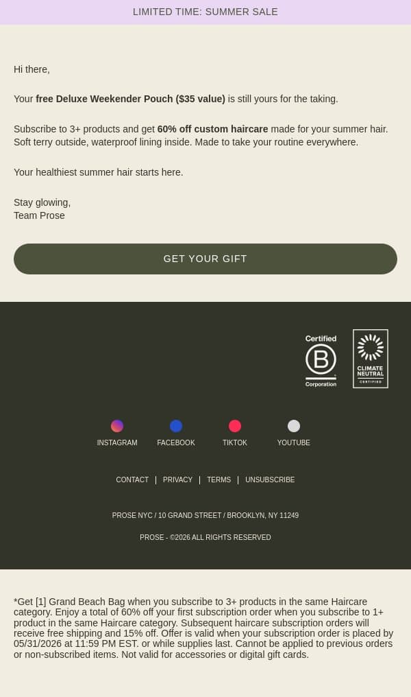 We got you a gift ✨ email from Prose screenshot