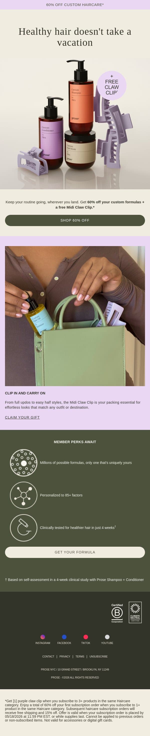 Your hairstyle, carry-on approved email from Prose screenshot