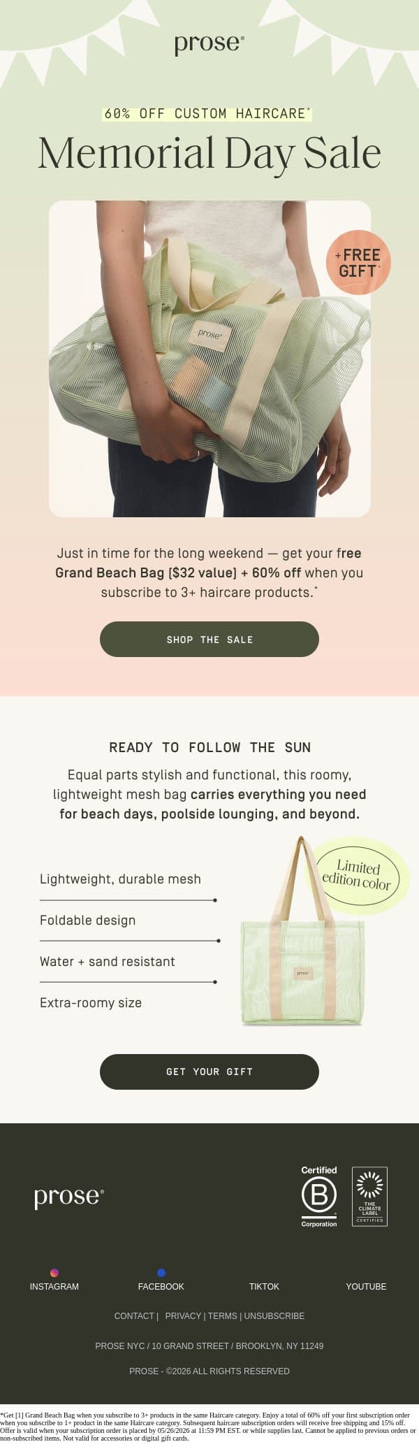 Memorial Day Sale starts now 🏖️😎 email from Prose screenshot