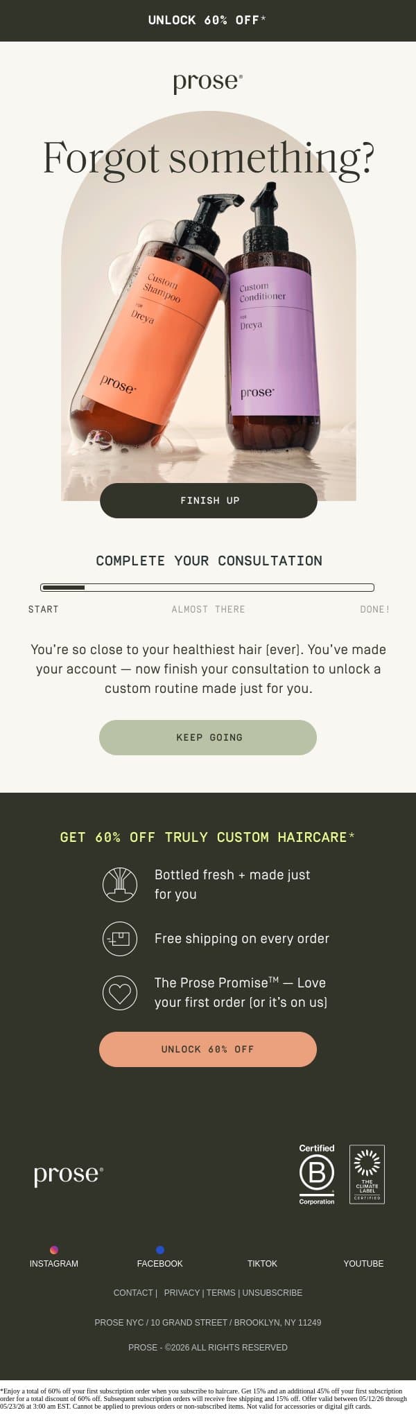Forgot something? email from Prose screenshot
