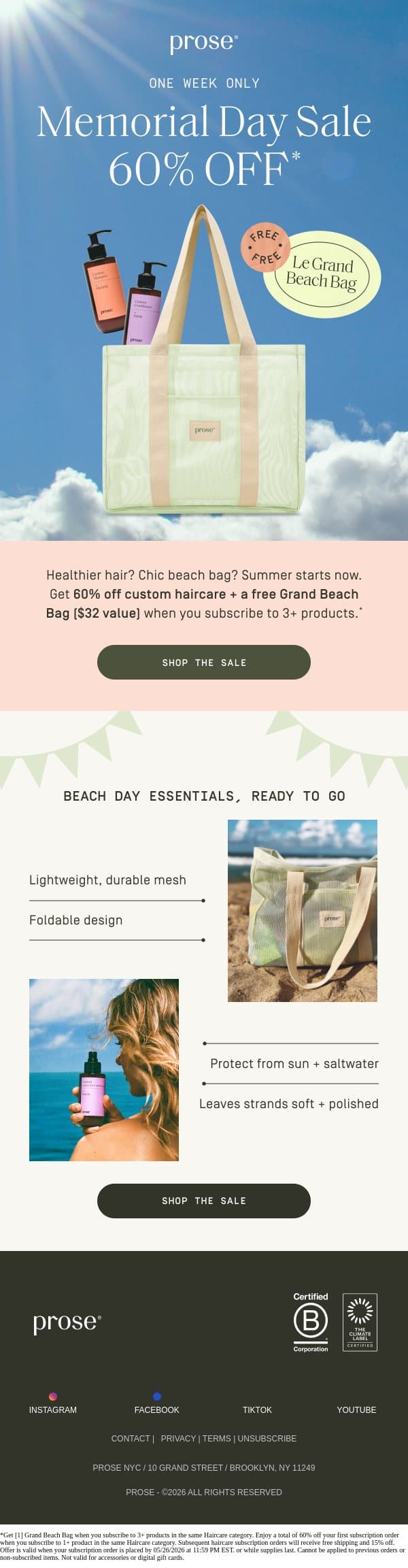 Memorial Day Sale: 60% off + a free gift 🏖️ email from Prose screenshot