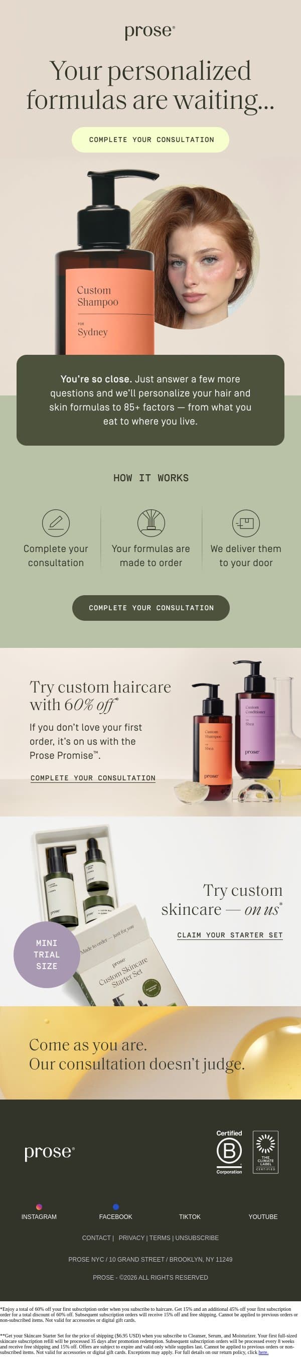 Ready to personalize your formulas? email from Prose screenshot