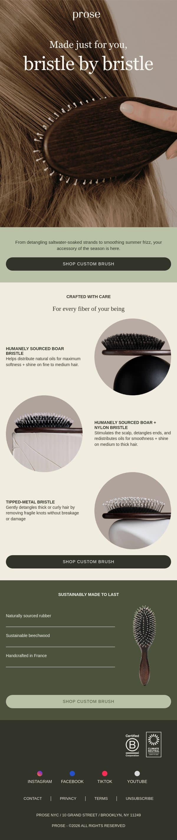 The hairbrush made just for you email from Prose screenshot
