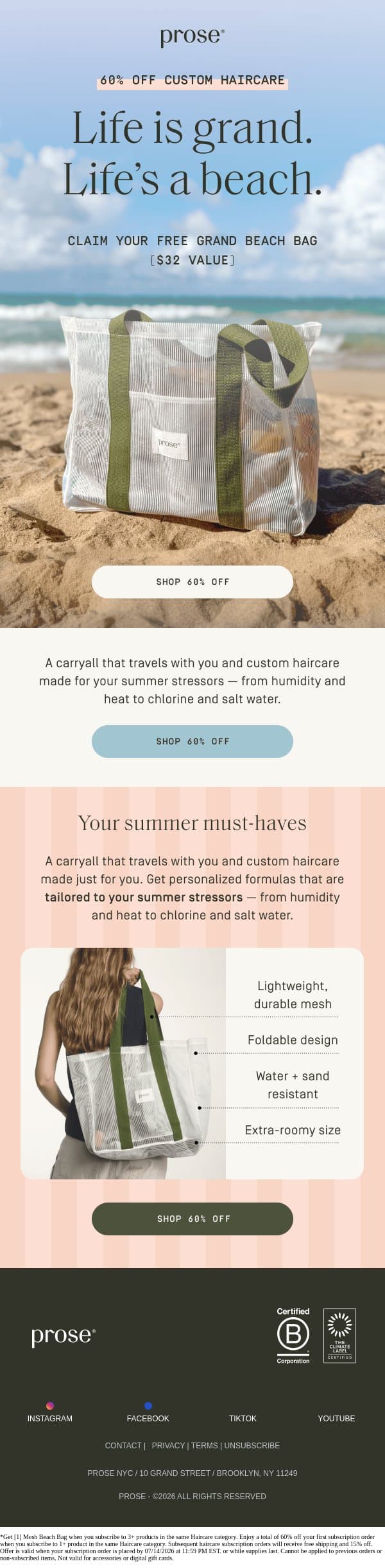 60% off for your best summer hair email from Prose screenshot