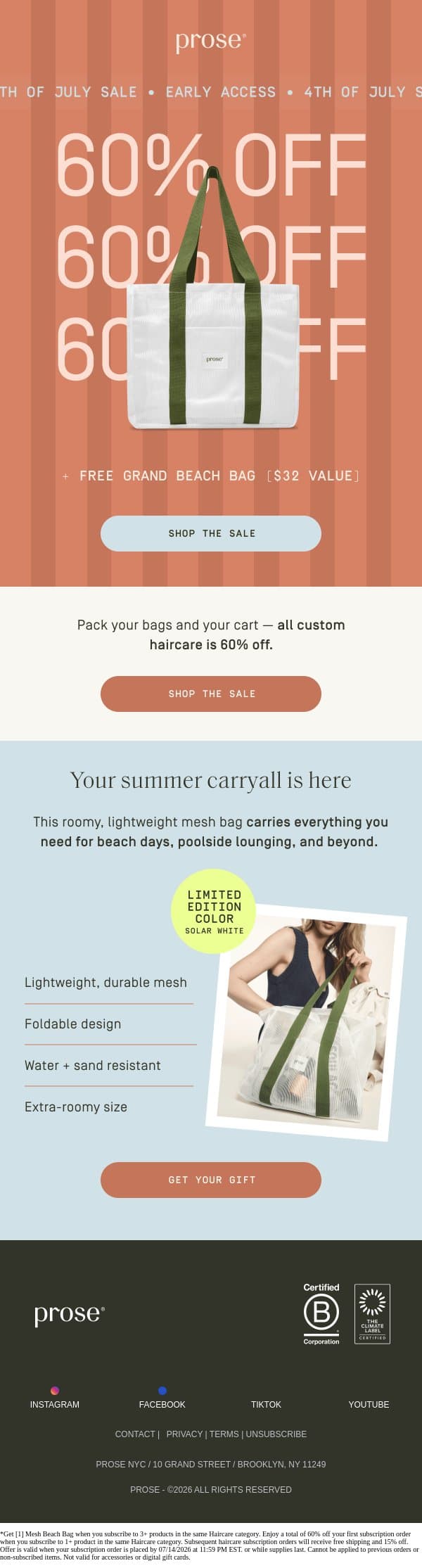 EARLY ACCESS: 4th of July Sale 🇺🇸 email from Prose screenshot
