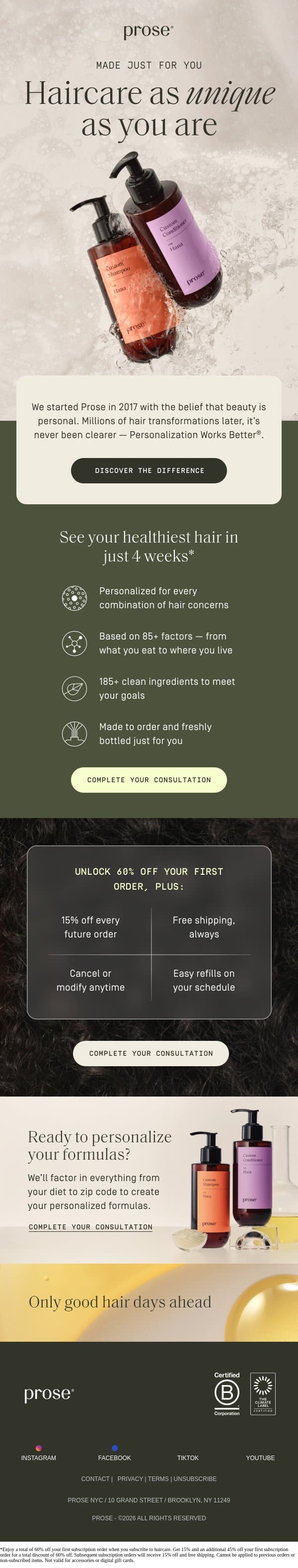 Only good hair days ahead email from Prose screenshot