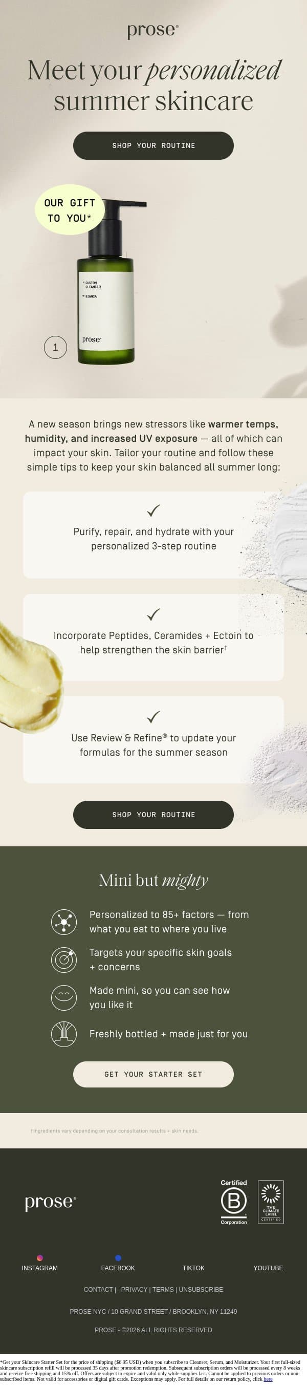 Tips to rebalance summer skin email from Prose screenshot