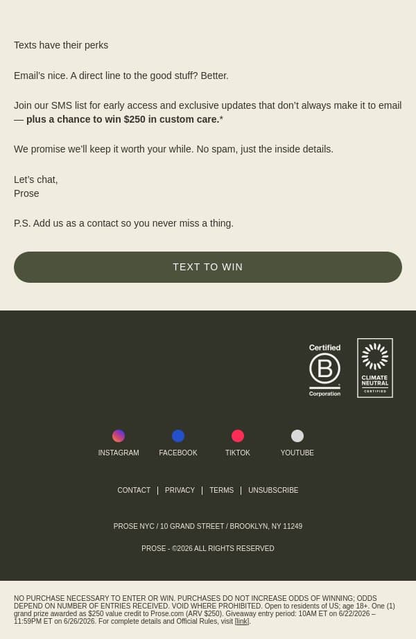 , want $250 in custom care? 🤑 email from Prose screenshot