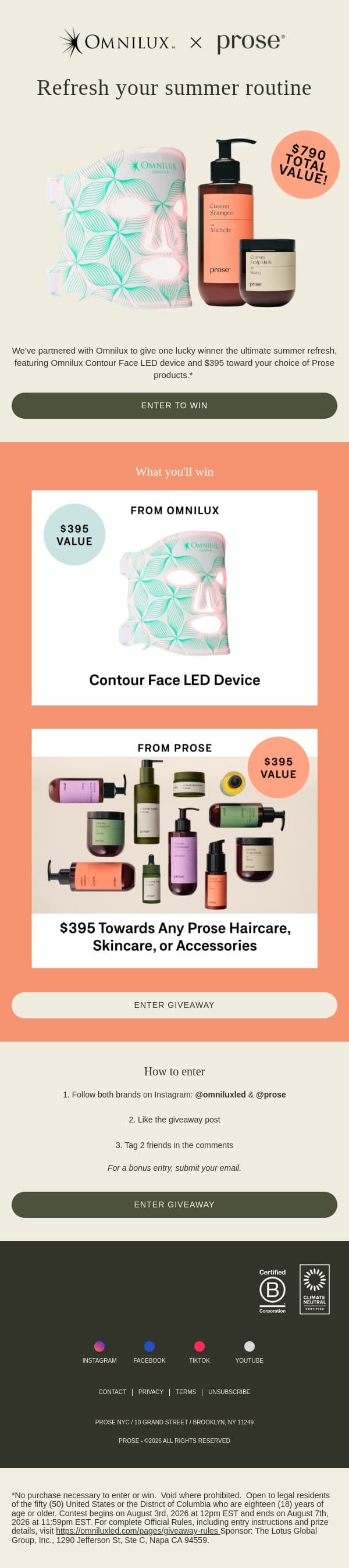 Want to win $790 in Omnilux + Prose? 🤩 email from Prose screenshot