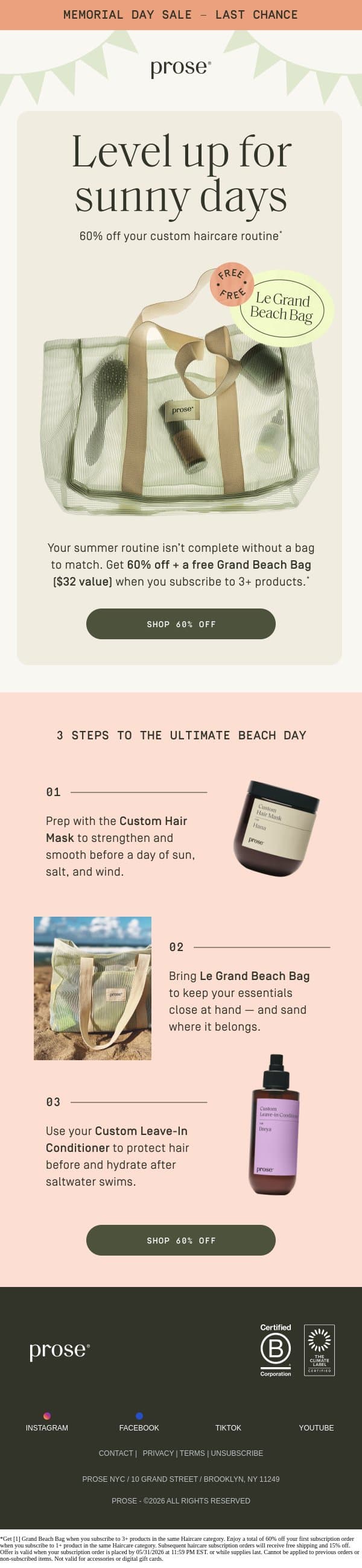 FREE Beach Bag + 60% off ends tonight! email from Prose screenshot
