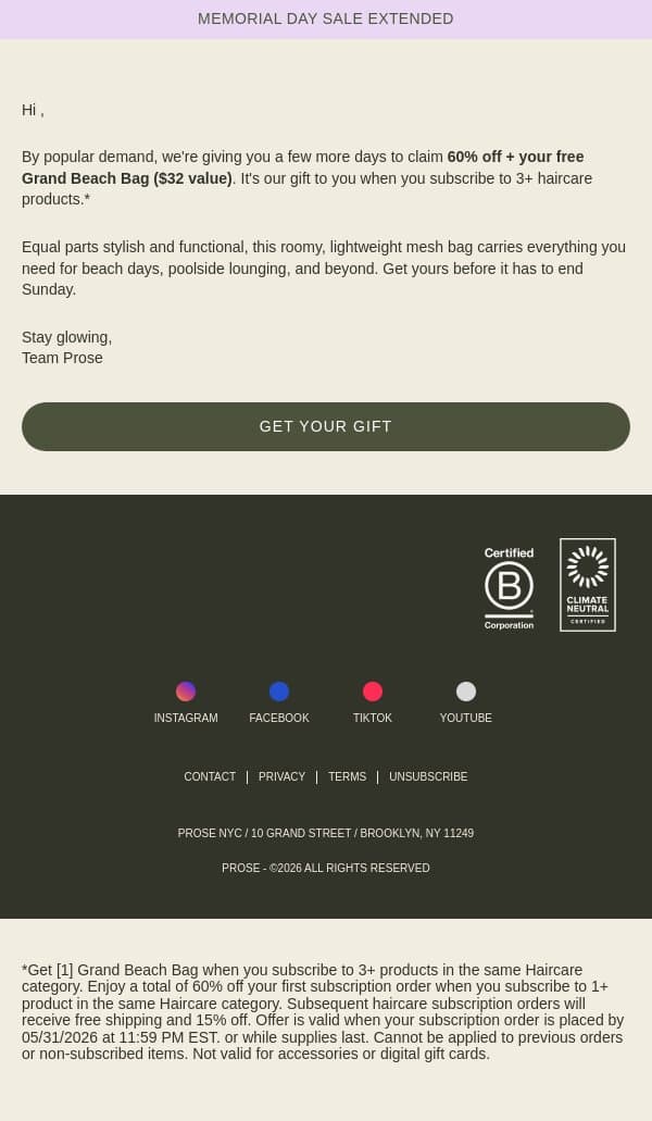 Le Grand Beach Bag is still yours, email from Prose screenshot