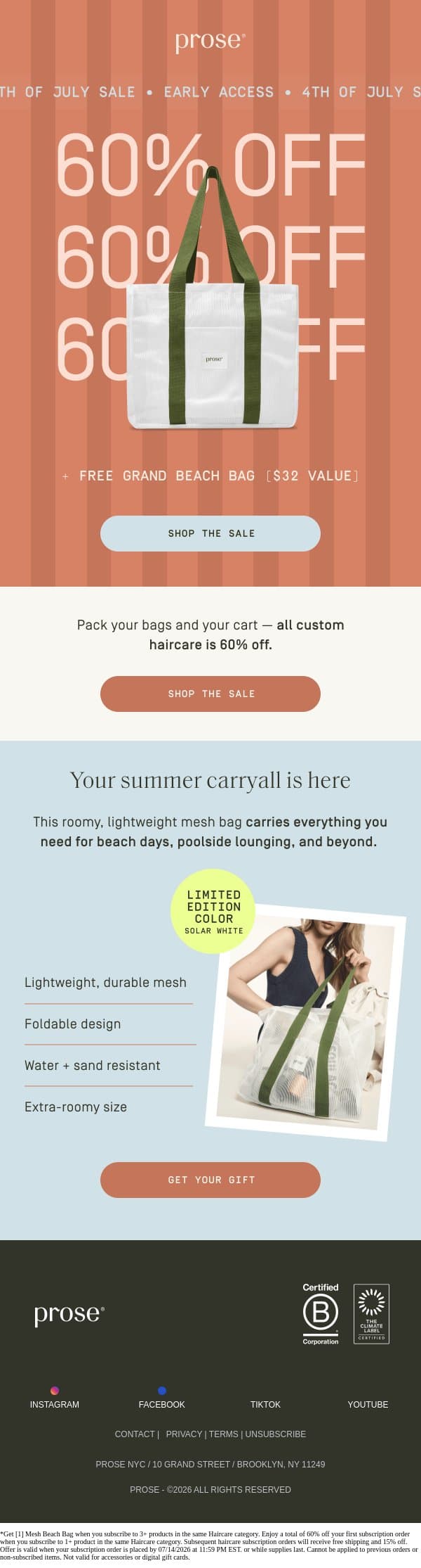 60% OFF: Ready for the long weekend? email from Prose screenshot
