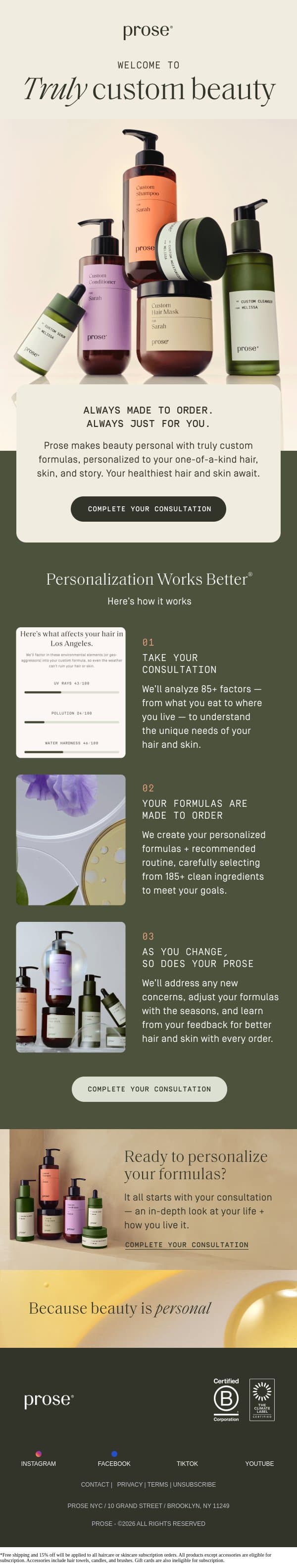 Welcome to truly custom beauty email from Prose screenshot