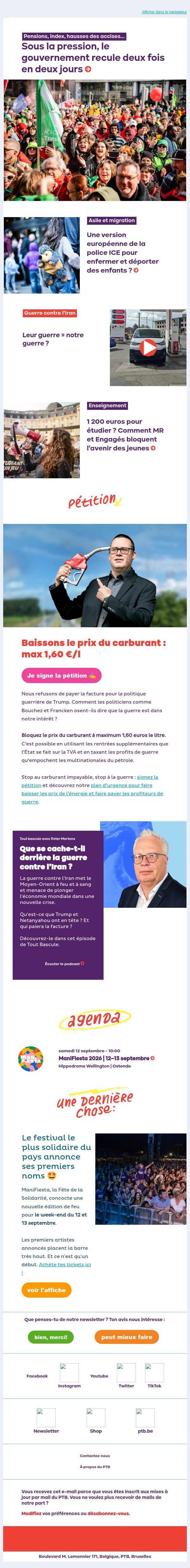 Le gouvernement recule deux fois en deux jours | Une version européenne de l'ICE pour enfermer des enfants ? email from PTB screenshot