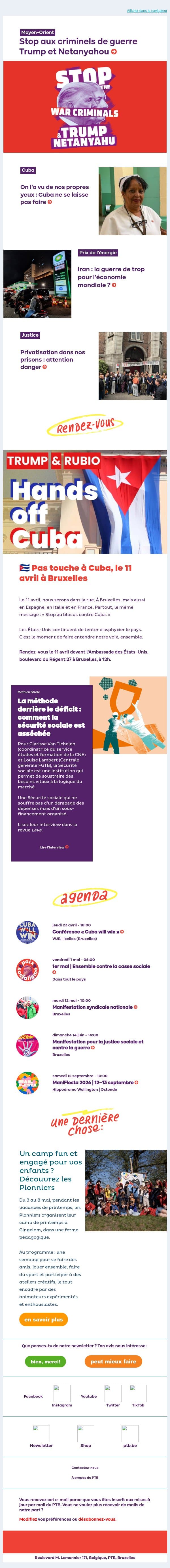 Stop aux criminels de guerre Trump et Netanyahou email from PTB screenshot