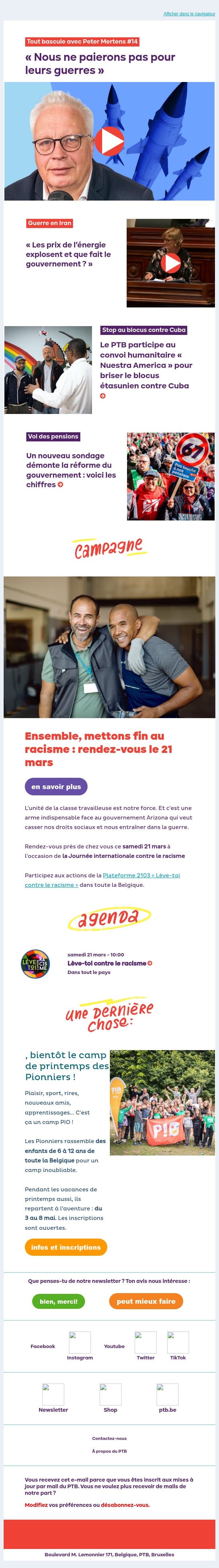 Nous ne paierons pas le prix de leurs guerres | Cuba n'est pas seule email from PTB screenshot