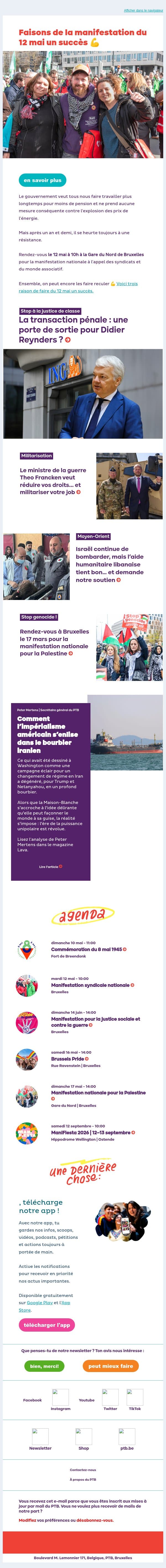 Trois raison de faire du 12 mai un succès 💪 | Pas question que Reynders achète son procès email from PTB screenshot