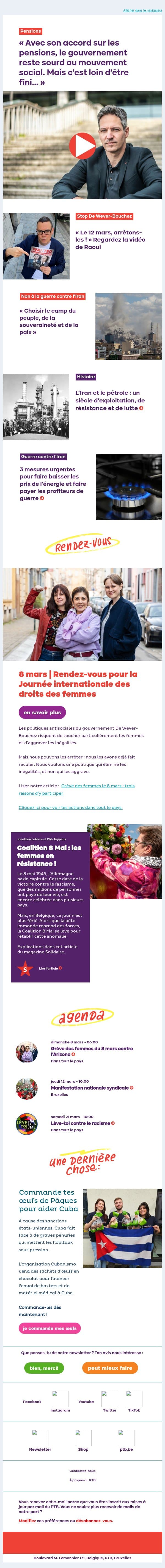 Accord sur les pensions : le mouvement social n'a pas dit son dernier mot | Non à la guerre en Iran email from PTB screenshot