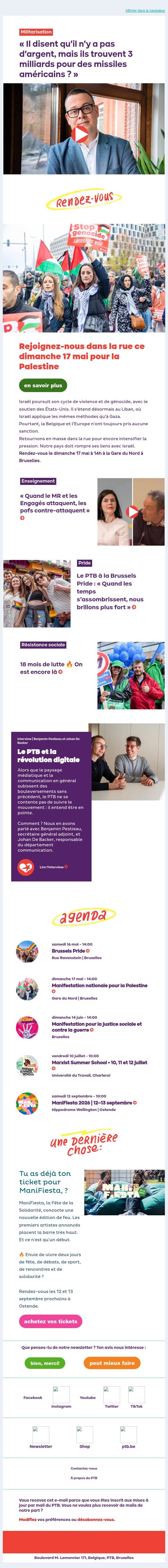 Pas d'argent pour les pensions, 3 milliards pour des missiles américains ? 🤔 | Rendez-vous ce dimanche à Bruxelles pourla Palestine email from PTB screenshot