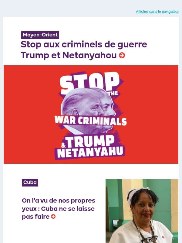 Stop aux criminels de guerre Trump et Netanyahou email from PTB