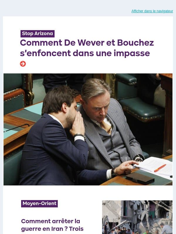 De Wever et Bouchez dans l'impasse | 3 pistes pour arrêter la guerre contre l'Iran email from PTB