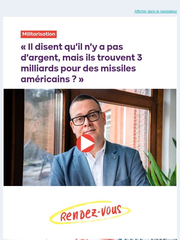 Pas d'argent pour les pensions, 3 milliards pour des missiles américains ? 🤔 | Rendez-vous ce dimanche à Bruxelles pourla Palestine email from PTB