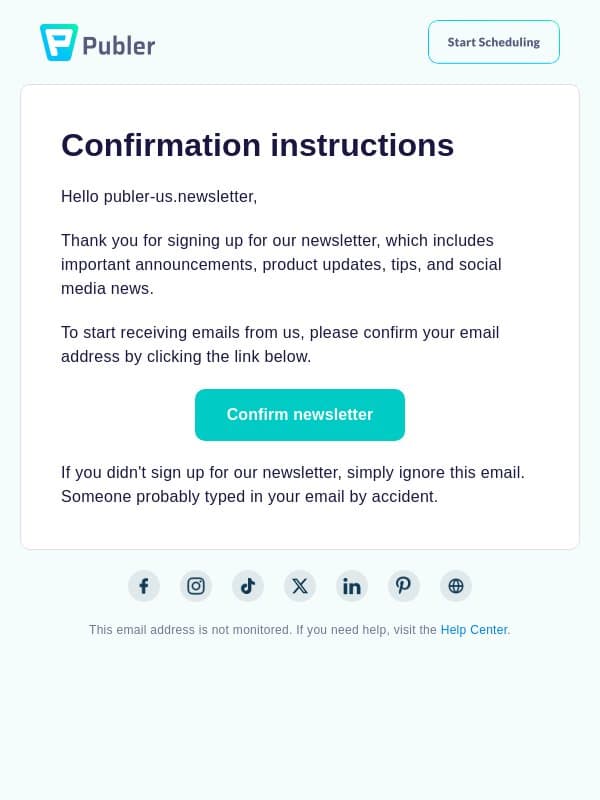 Confirmation instructions email from Publer screenshot