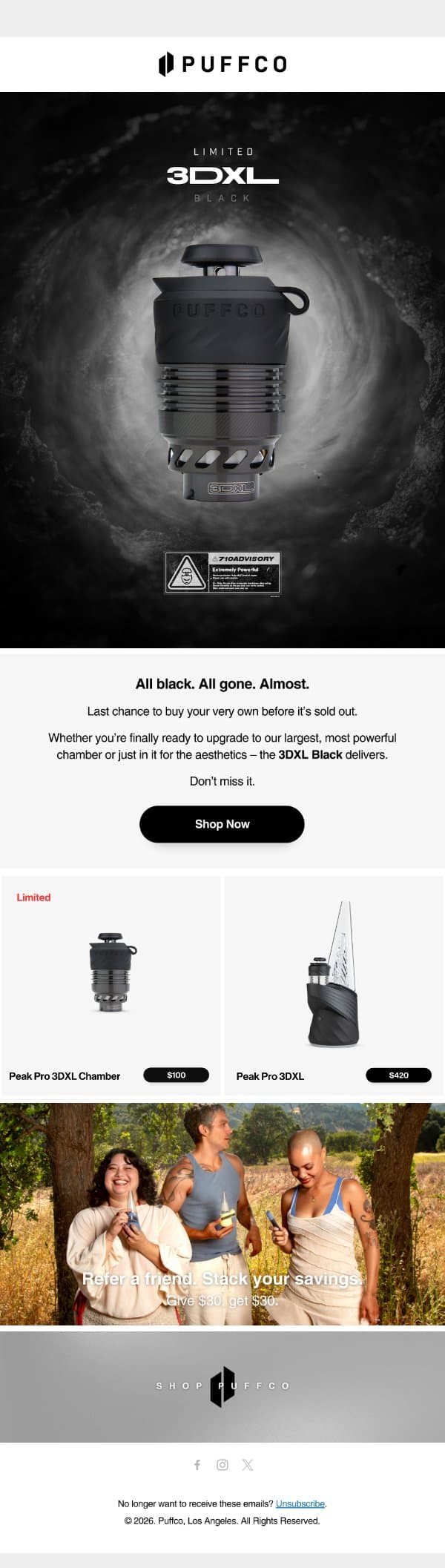 Last Call: 3DXL Black Chamber email from Puffco screenshot
