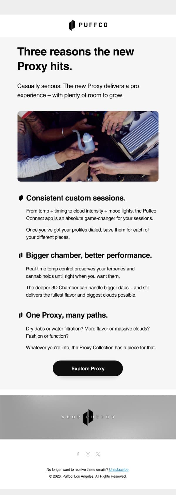 Three reasons new Proxy hits. email from Puffco screenshot