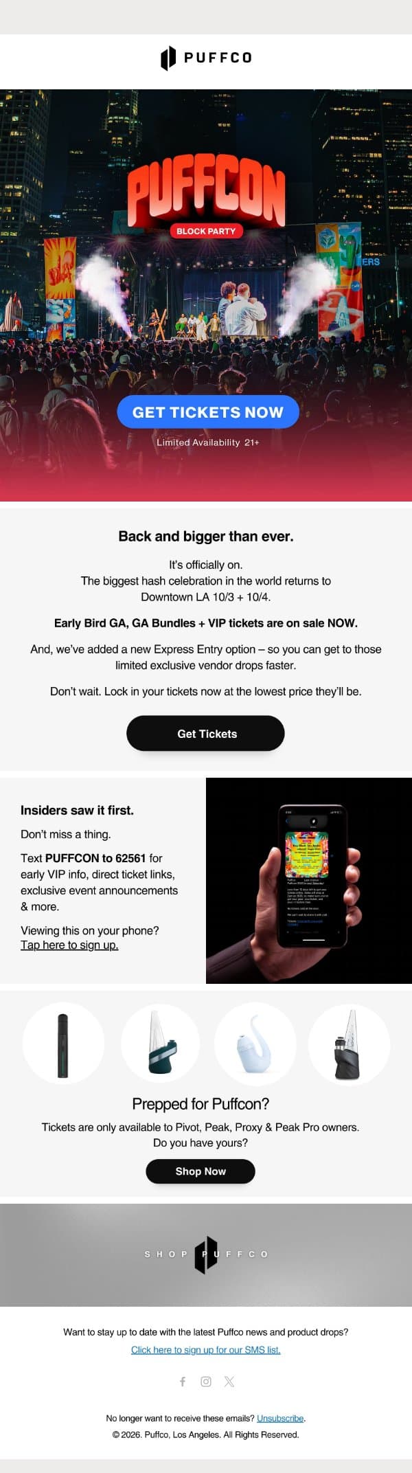 Puffcon 2026 tickets are live now! email from Puffco screenshot