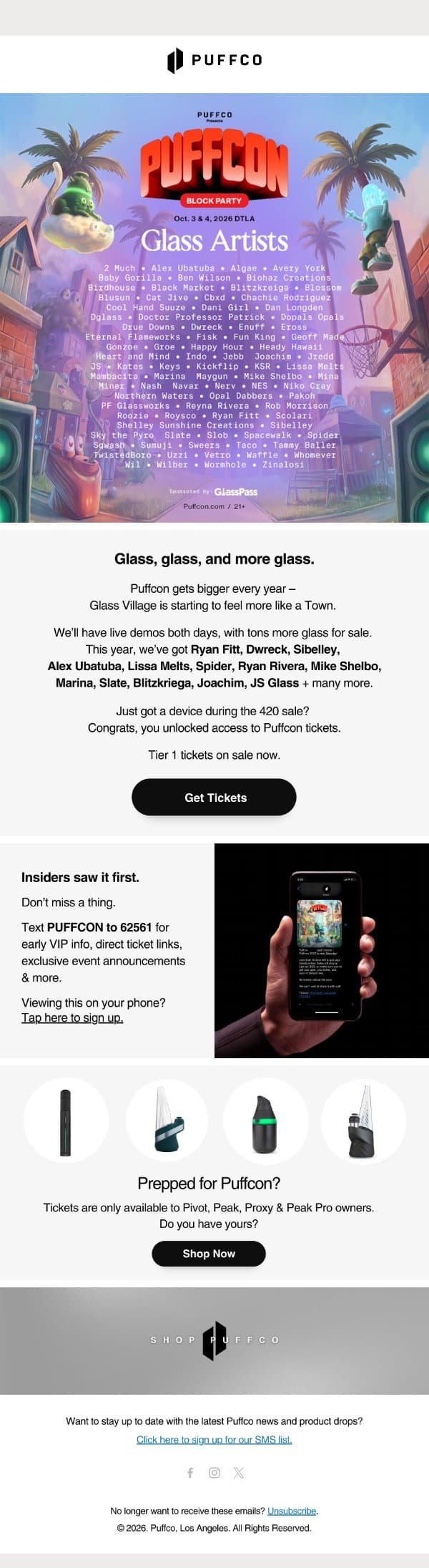 Puffcon ‘26 Glass Lineup email from Puffco screenshot