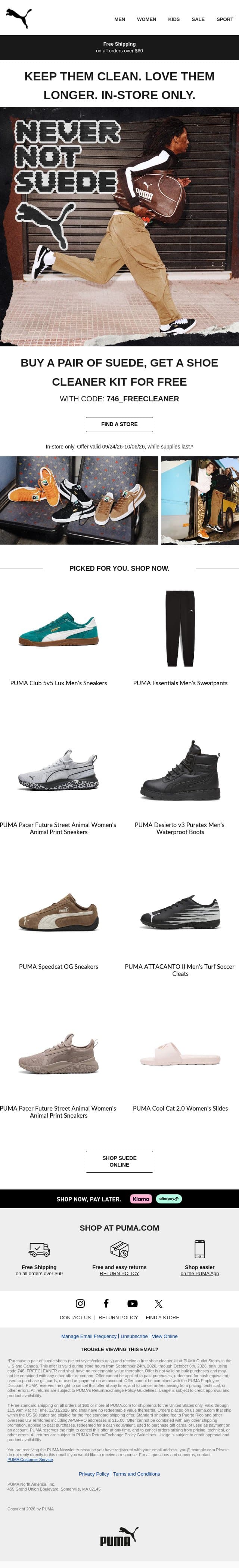 Get Free Shoe Cleaner Kit: In-Store Only email from Puma screenshot