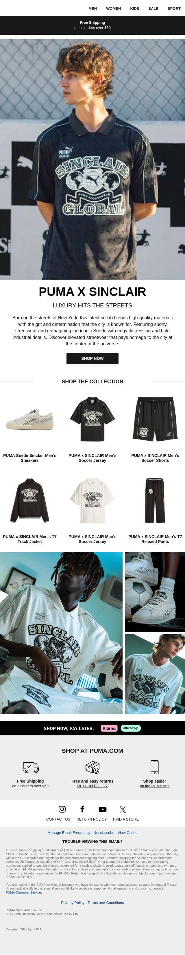 PUMA x SINCLAIR Just Landed email from Puma screenshot