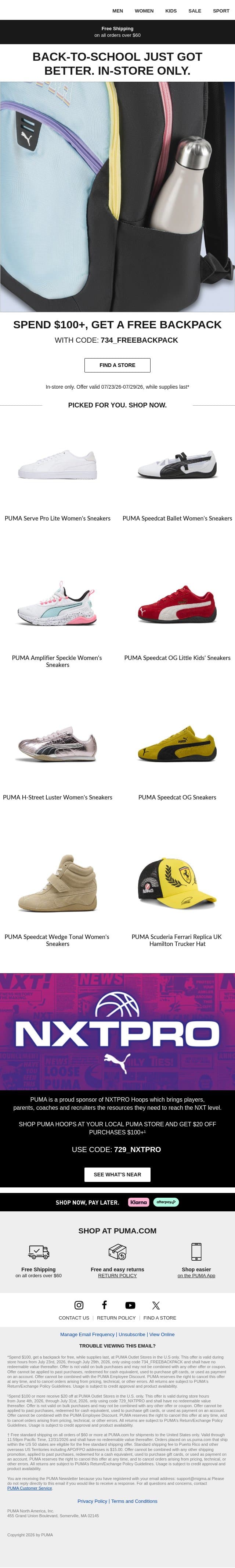 Spend $100, Get a Free Backpack email from Puma screenshot