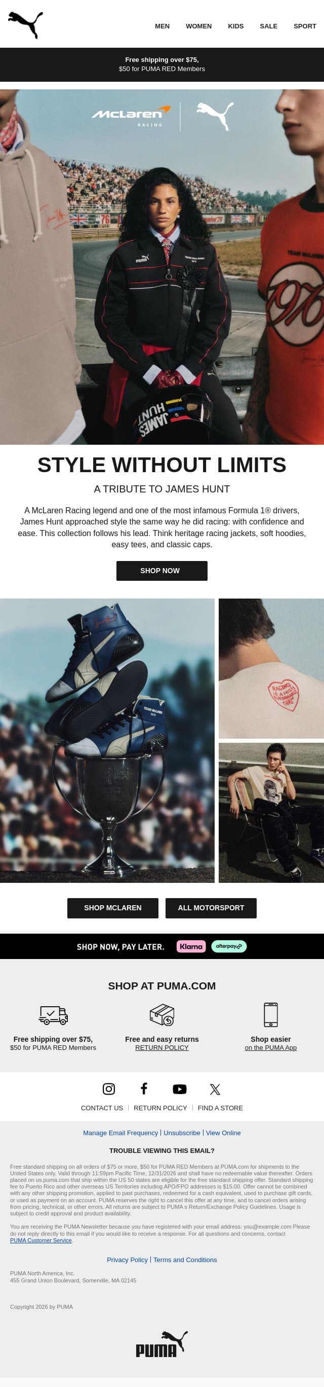 PUMA x McLAREN RACING James Hunt Collection email from Puma screenshot
