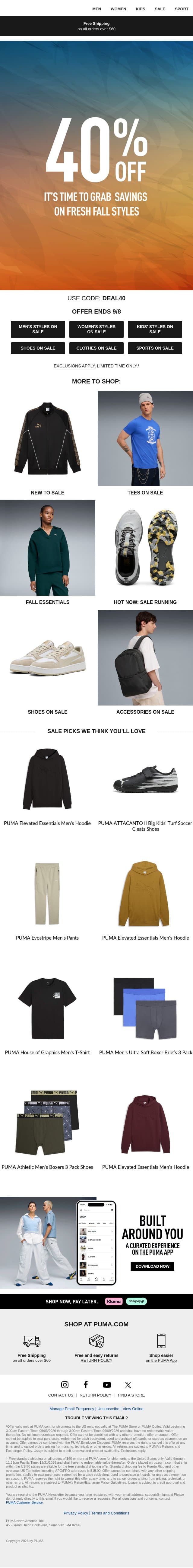 Now On: 40% Off email from Puma screenshot