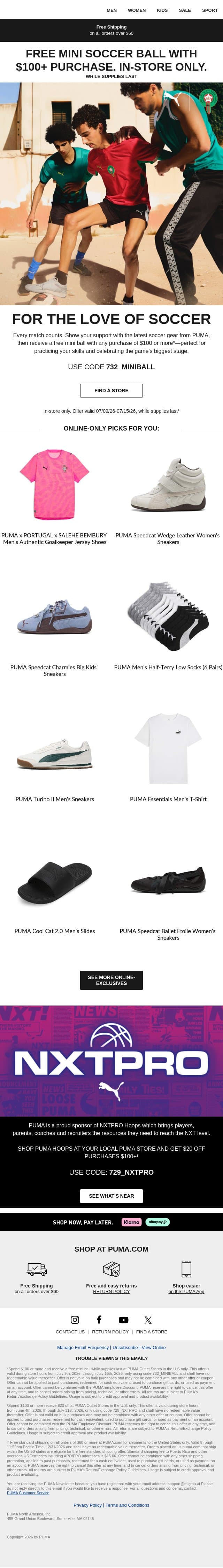 Free Mini Soccer Ball with $100+ Purchase email from Puma screenshot