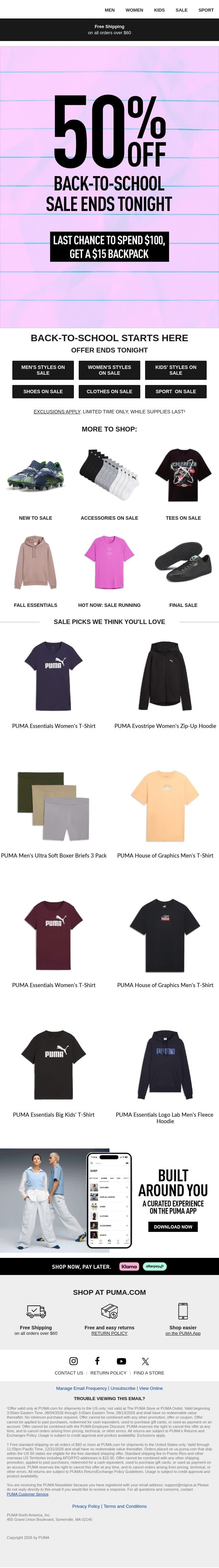 50% Off + $15 Backpack When You Spend $100+ email from Puma screenshot